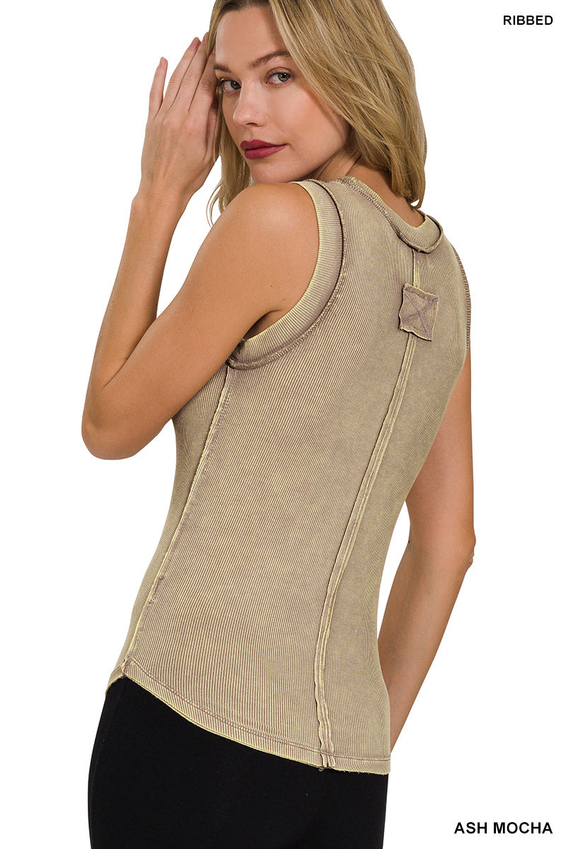 Washed Ribbed Scoop Neck Top - Ash Mocha