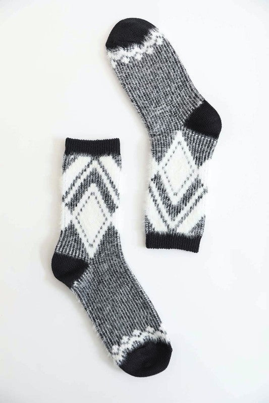 Faux mohair diamond pattern socks -black