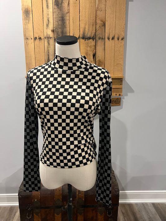 Checkered mock neck long sleeve top