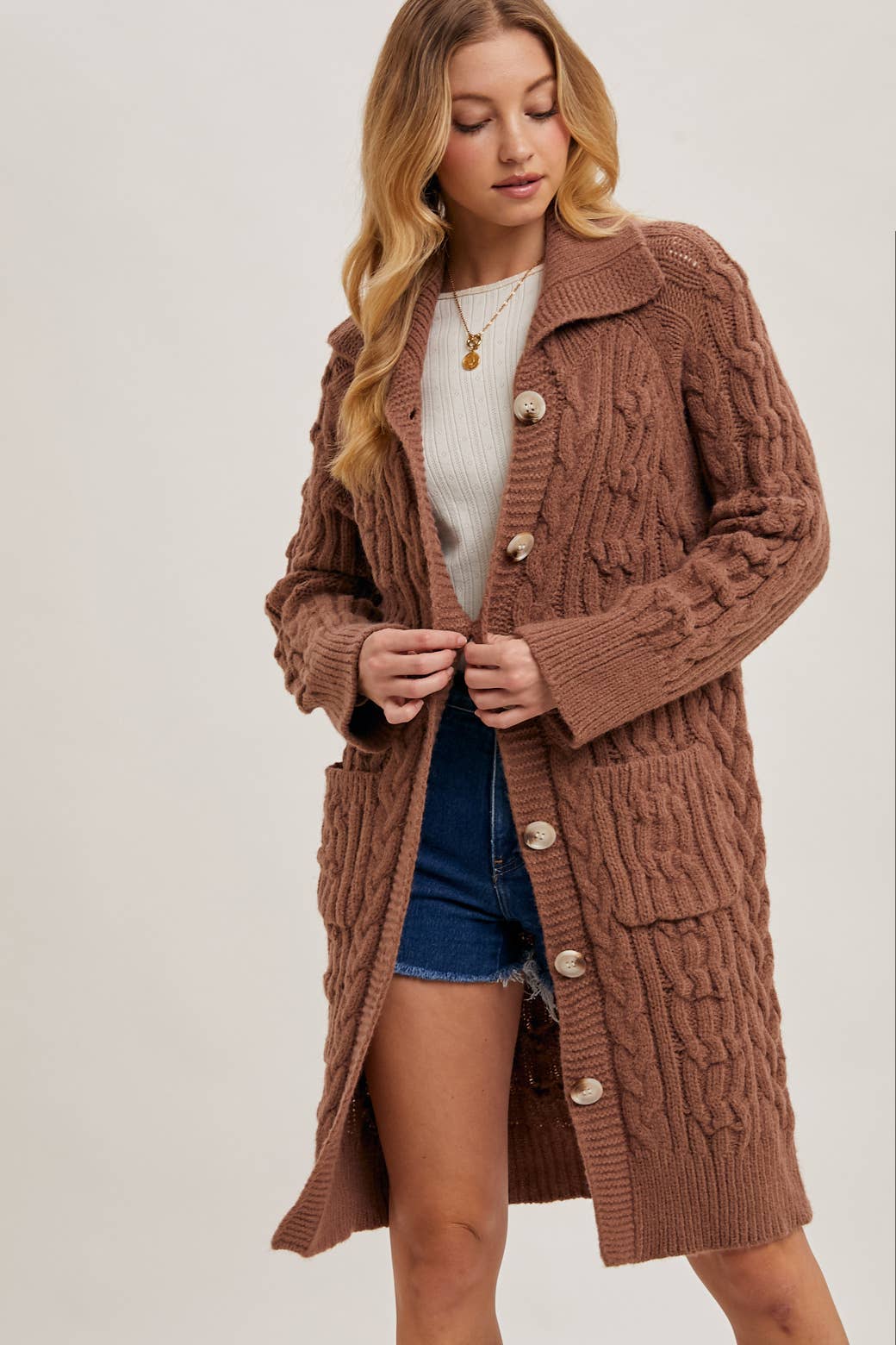 BUTTON DOWN CABLE KNIT SWEATER CARDIGAN