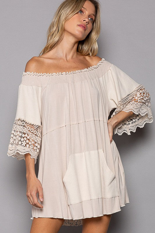 Crochet Detail off the shoulder {or not} tunic top- oatmeal