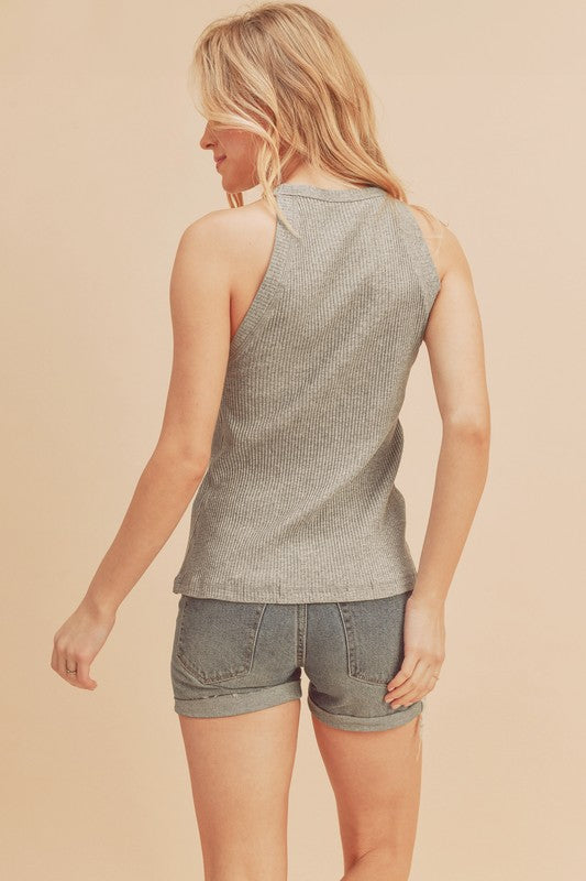 Ribbed high neck razor back tank-grey