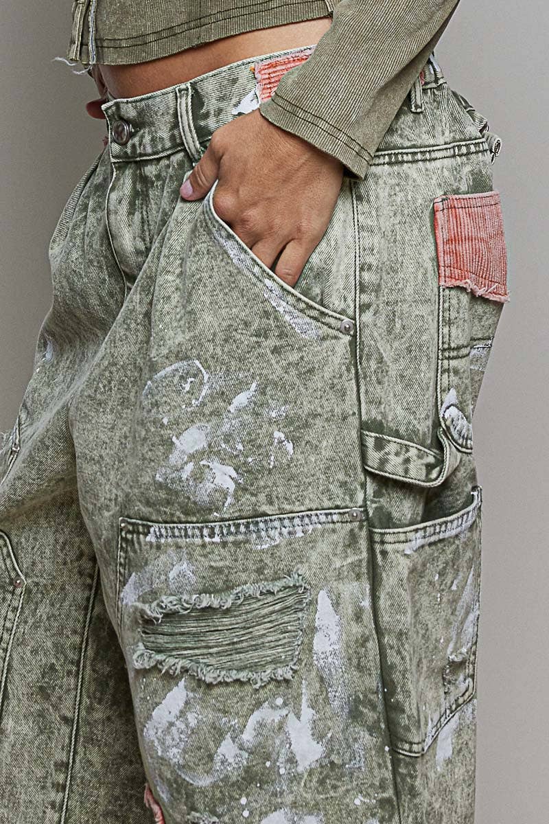 Raw-Edge Hem Back Waistband Woven Wide-Leg Carpenter Pants