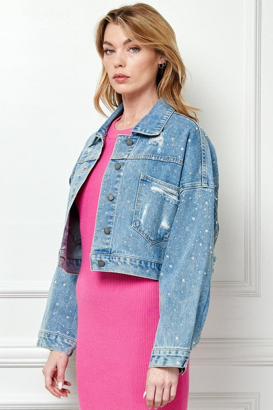 Rhinestone Cropped Denim Jacket