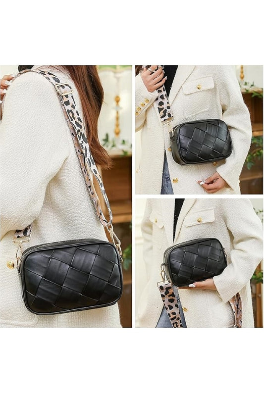 Leopard Strap Crossbody Shoulder Bag- weaved leather pattern