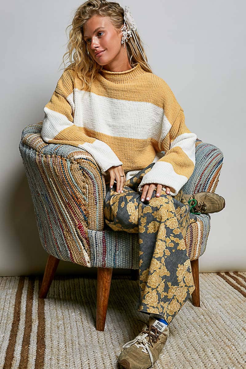 Striped Pattern Chenille Sweater Long Sleeve Mock Neck Top