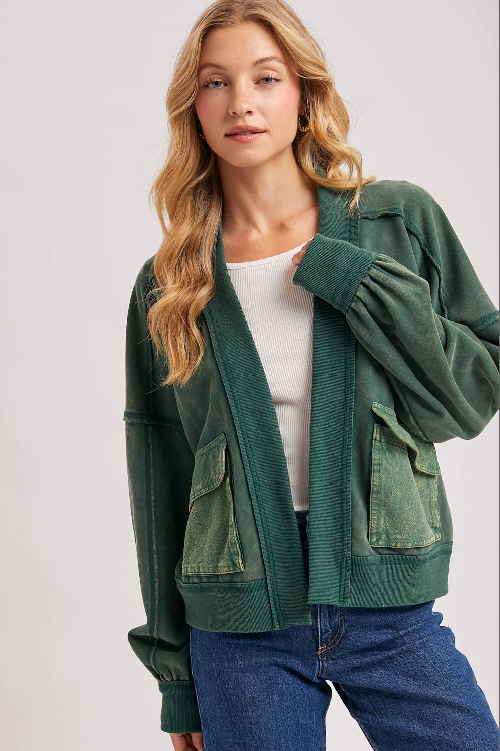 WASHED COLLARLESS OPEN FRONT CARDIGAN