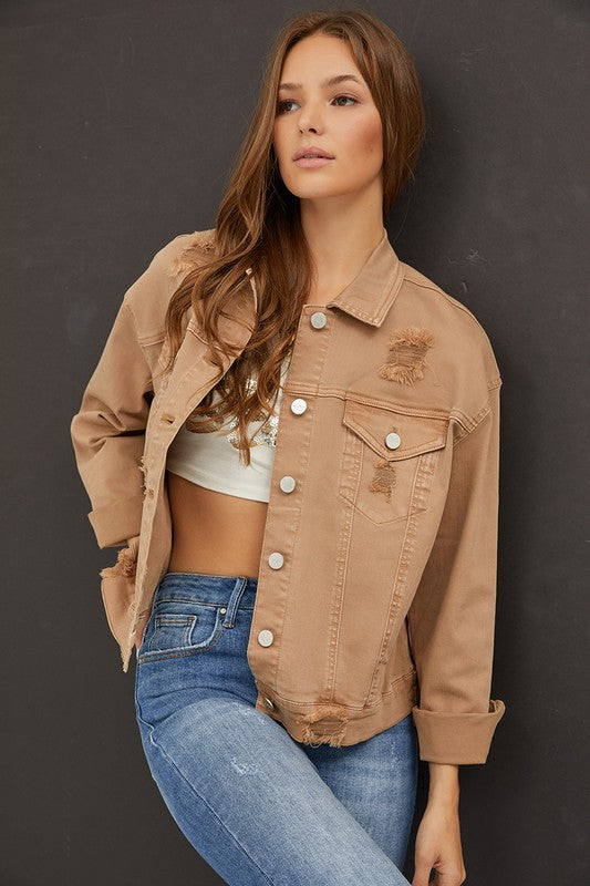 Mocha Oversized Distressed Denim Jacket