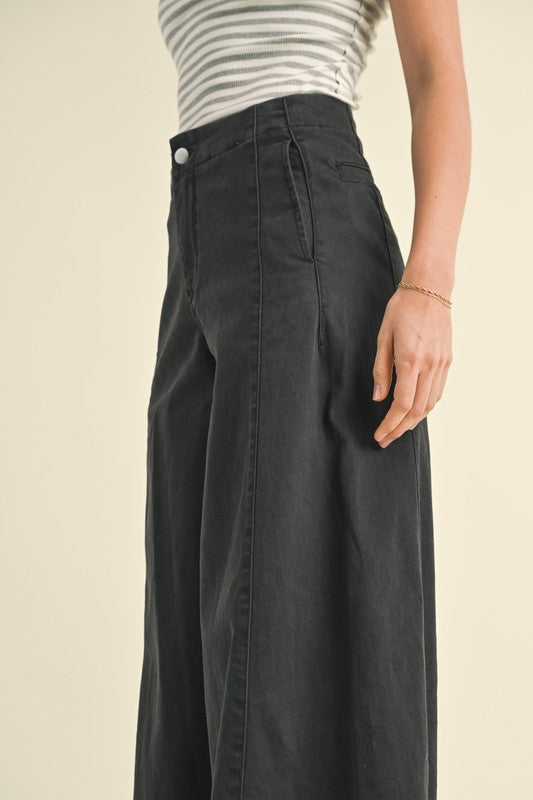 Stretched Cotton Super Wide Leg Pants- Black