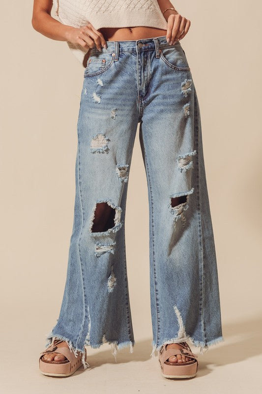 Mid Rise Wide Leg Distressed Denim Jeans