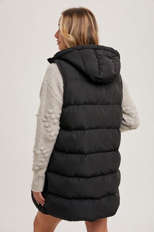 Hooded zipper down longline puffer vest