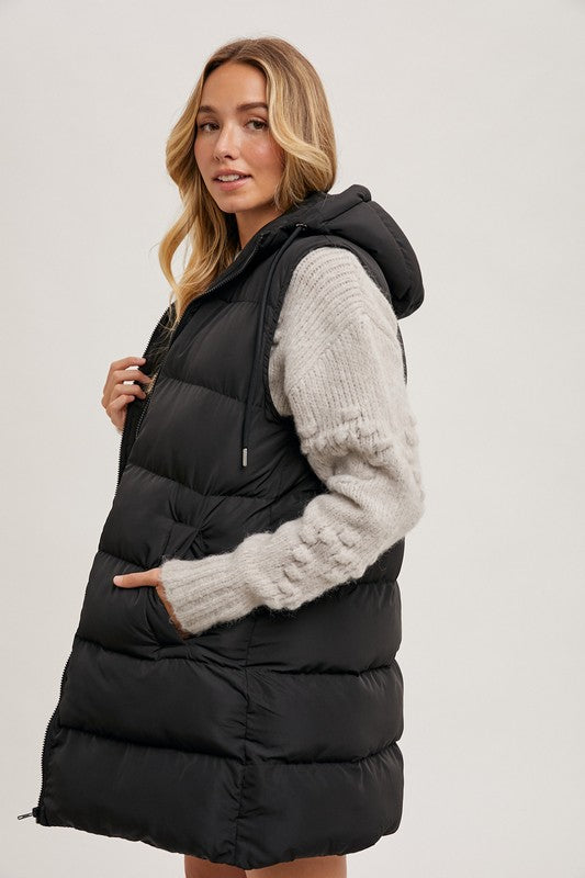 Hooded zipper down longline puffer vest