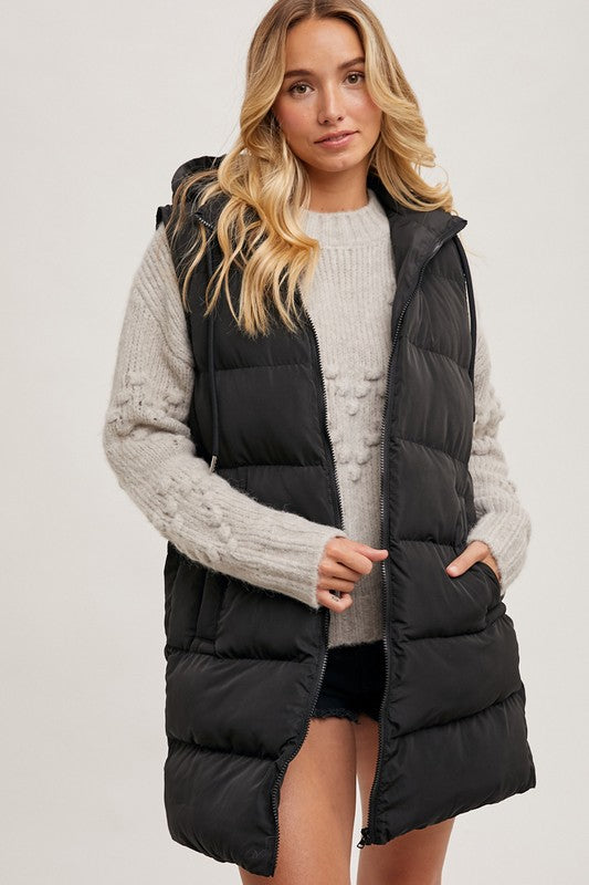 Hooded zipper down longline puffer vest