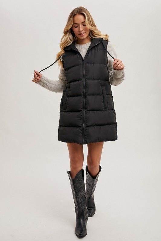 Hooded zipper down longline puffer vest