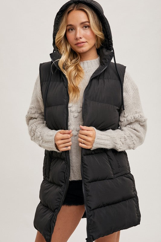 Hooded zipper down longline puffer vest