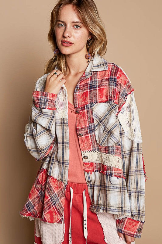 Mixed Pattern Plaid & Lace Woven Top