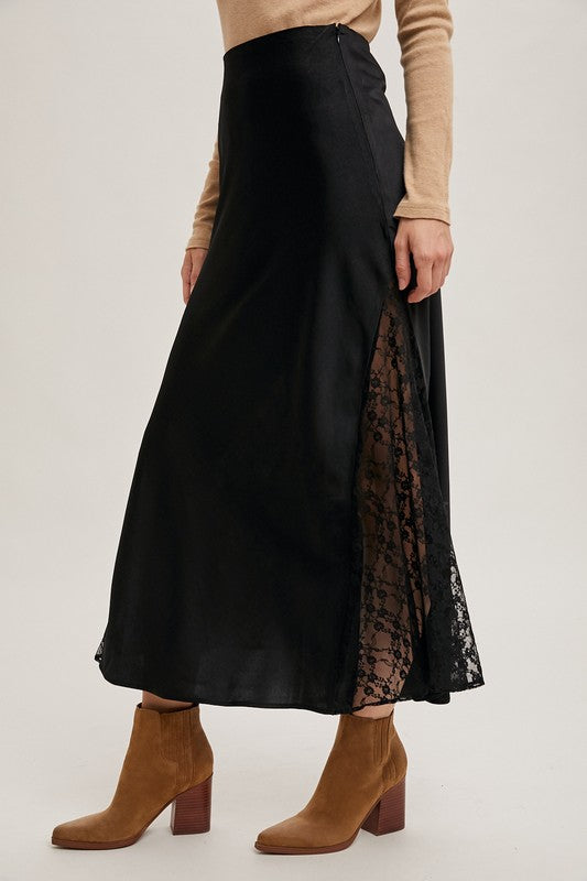 Mid-rise Lace Trimmed Satin Midi-Skirt