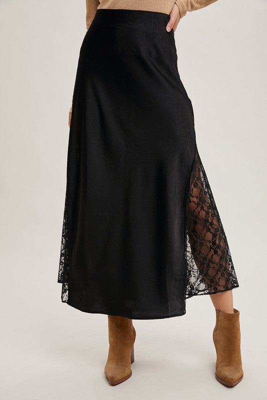 Mid-rise Lace Trimmed Satin Midi-Skirt