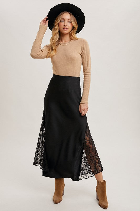 Mid-rise Lace Trimmed Satin Midi-Skirt