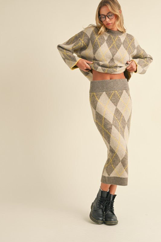 Two piece Set- Argyle sweater top & midi skirt