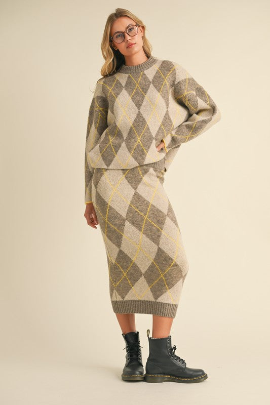 Two piece Set- Argyle sweater top & midi skirt