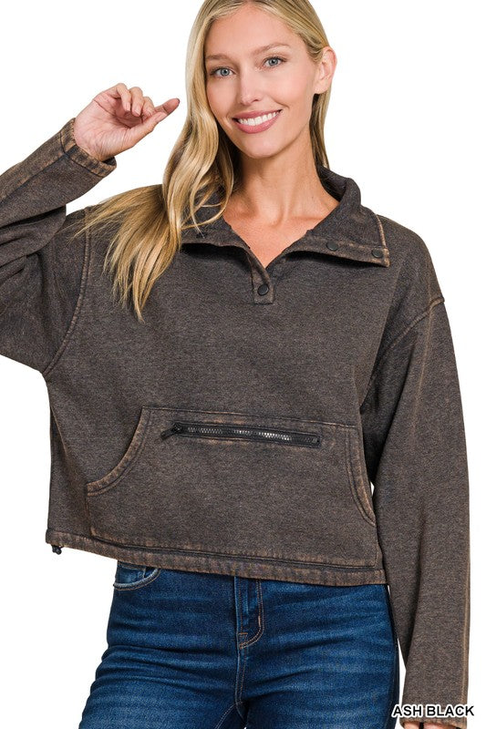 Acid Washed Fleece 1/4 button pullover sweatshirt