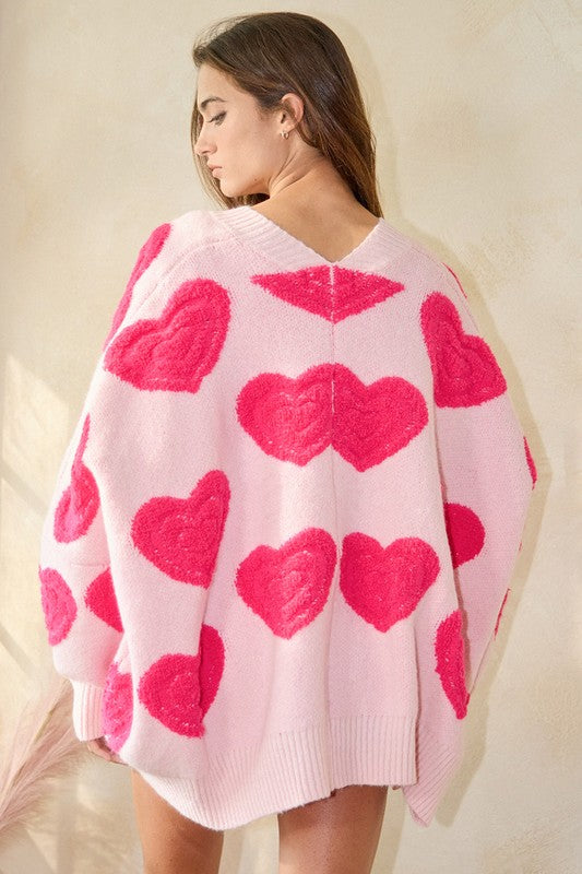 Oversized Heart Button Front Cardigan - Pink