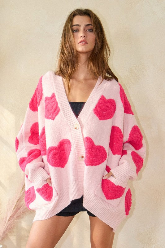 Oversized Heart Button Front Cardigan - Pink