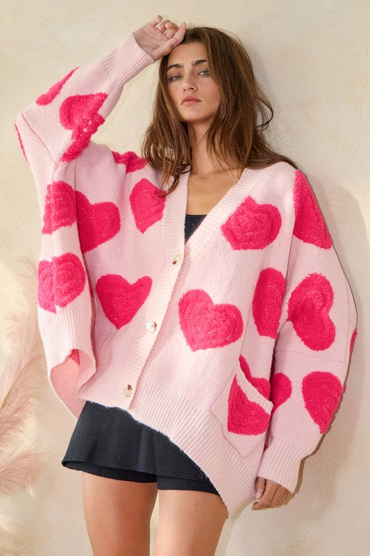 Oversized Heart Button Front Cardigan - Pink