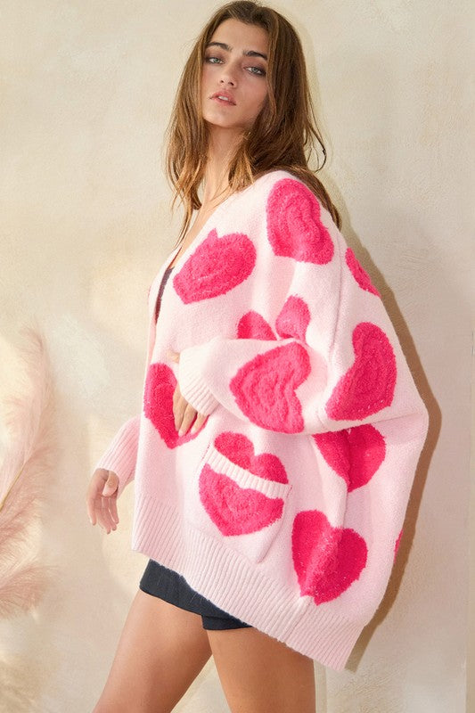 Oversized Heart Button Front Cardigan - Pink