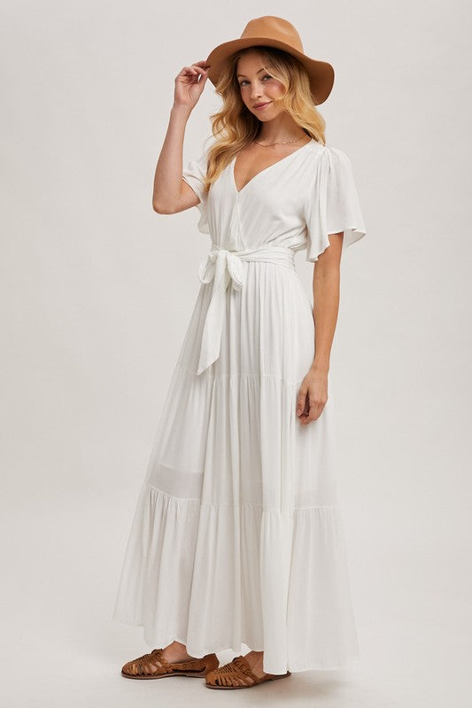 Wrap Tiered Maxi Dress- White