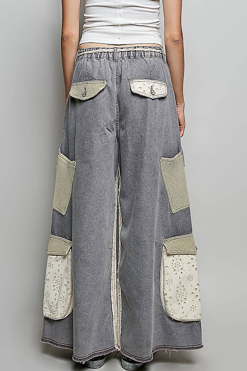 Solid Floral Metal Button Vintage Washing Laser Cut Pants