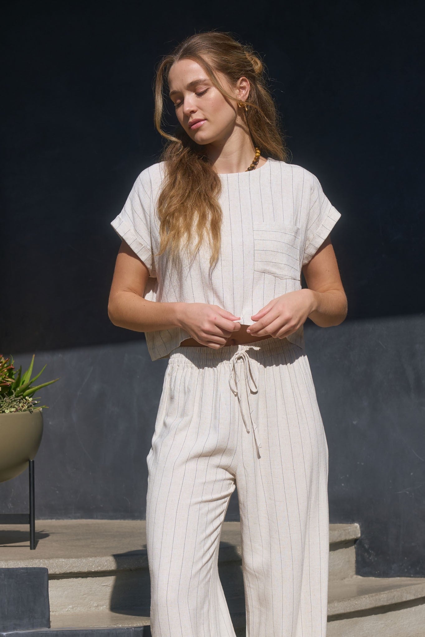Drawstring Pinstripe Wide Leg Linen Pants