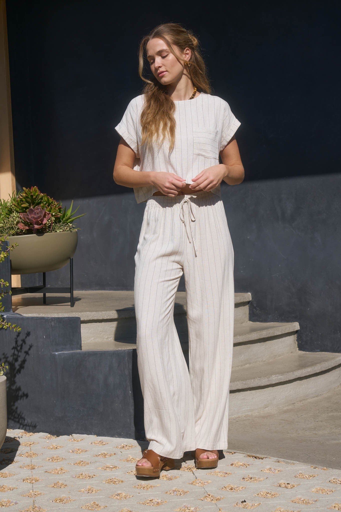 Drawstring Pinstripe Wide Leg Linen Pants