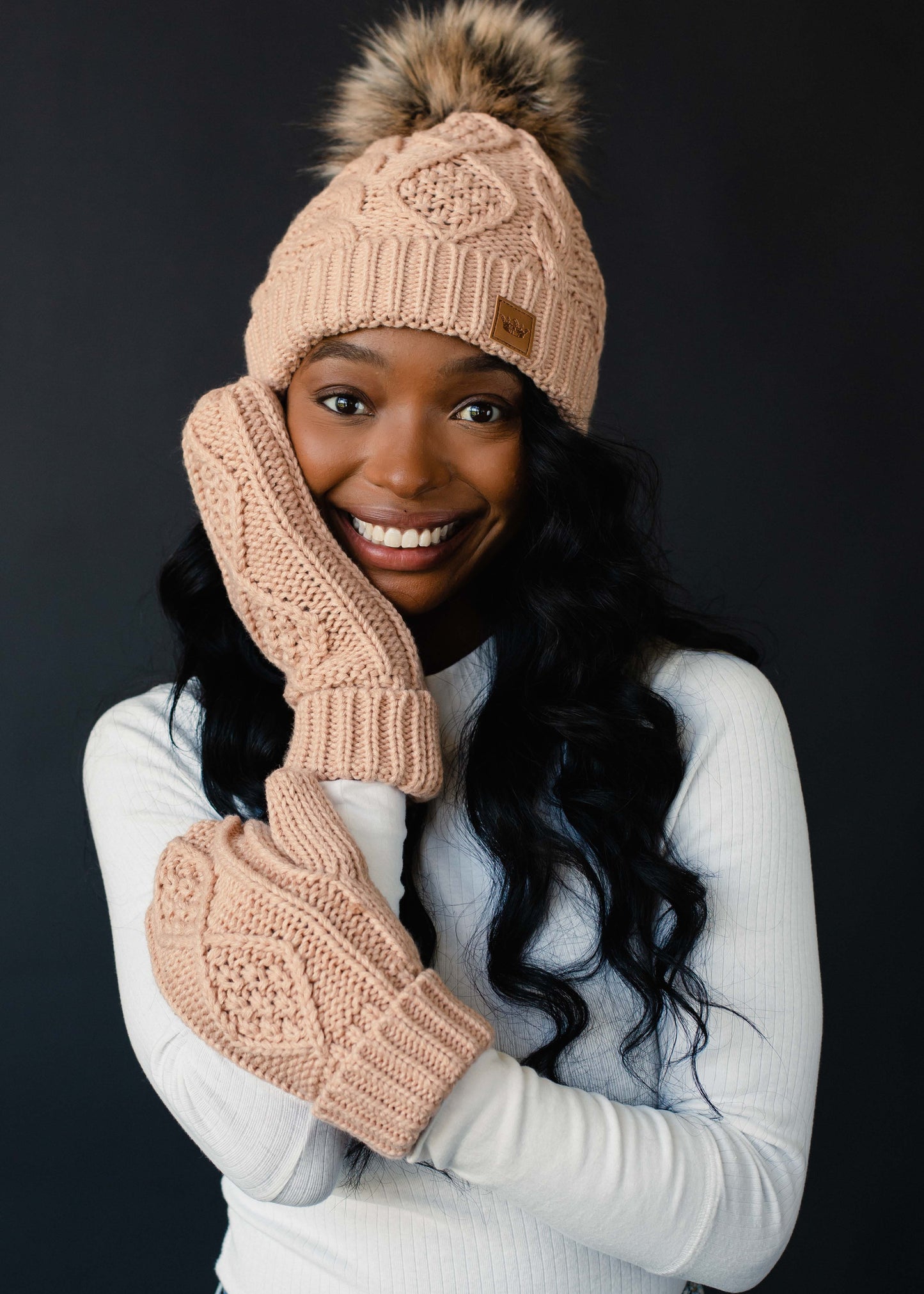 Peach Fuzz Cable Knit Mittens