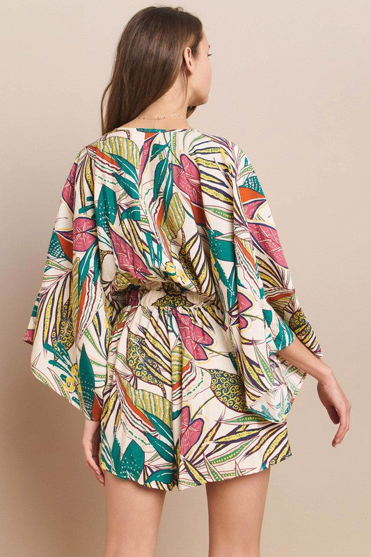 Batwing Sleeve Tropical Print Romper