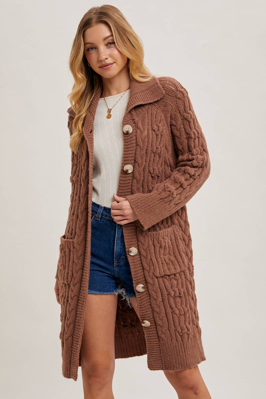 BUTTON DOWN CABLE KNIT SWEATER CARDIGAN