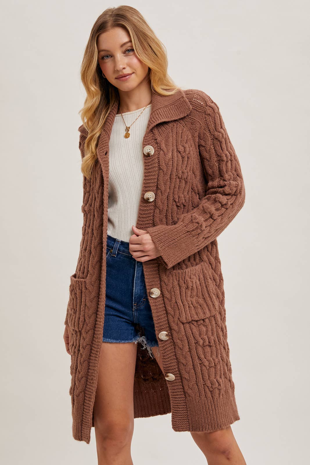 BUTTON DOWN CABLE KNIT SWEATER CARDIGAN