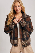 PLAID ZIPPER FRONT WIDE COLLAR FUZZY KNIT SWEATER JACKET