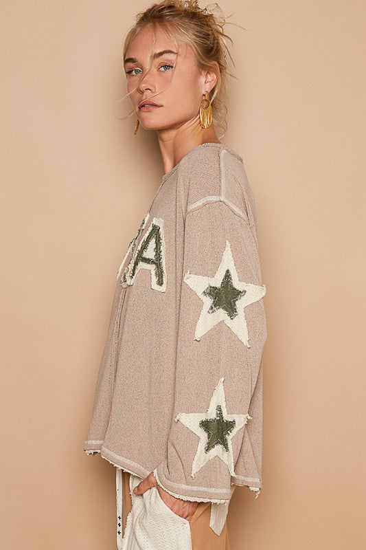 USA Knit Star Patched Sleeve Top