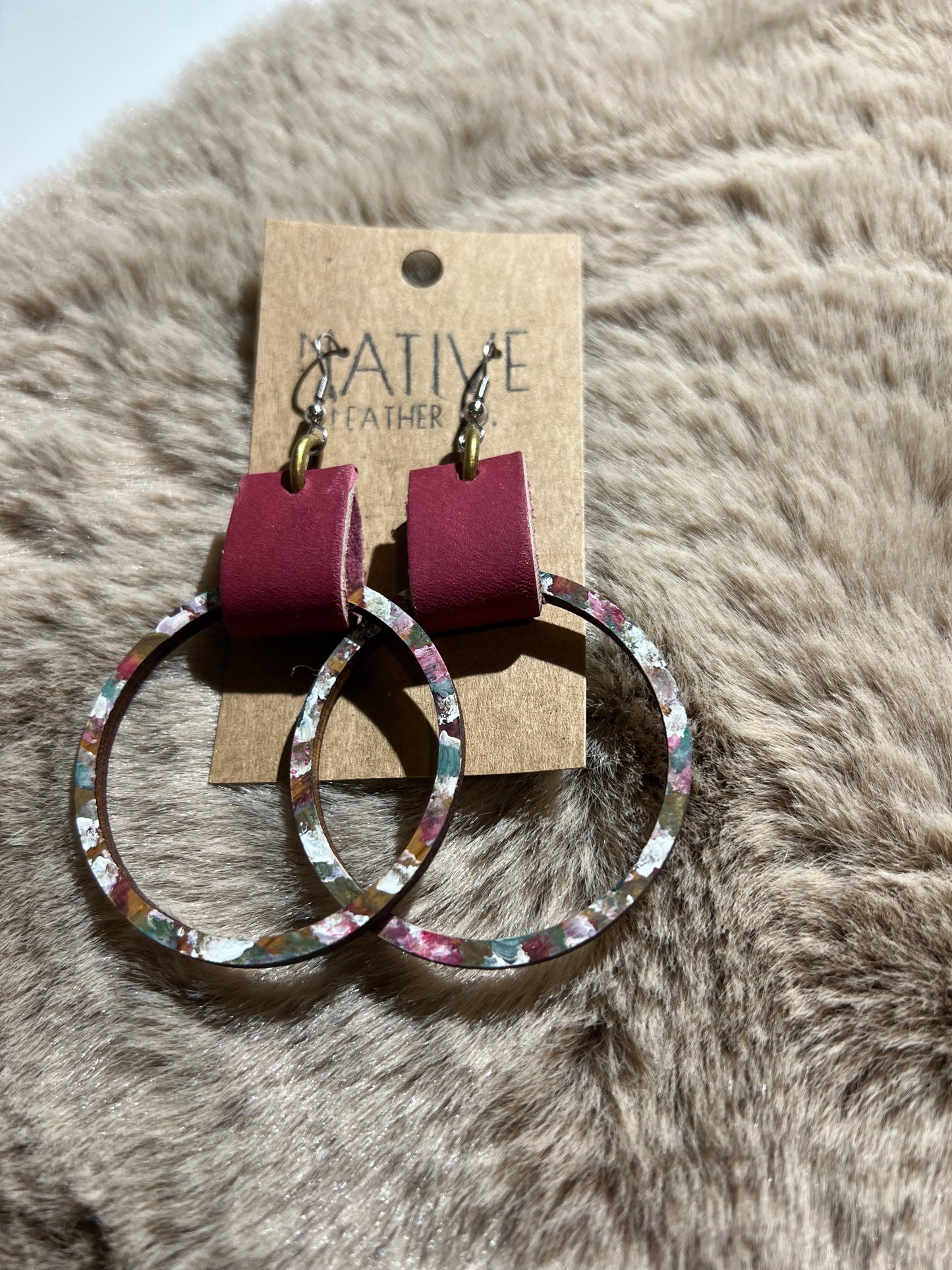 Native Leather Large Hand Painted Wood & leather tab earrings