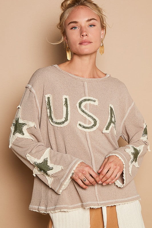 USA Knit Star Patched Sleeve Top