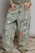 Raw-Edge Hem Back Waistband Woven Wide-Leg Carpenter Pants