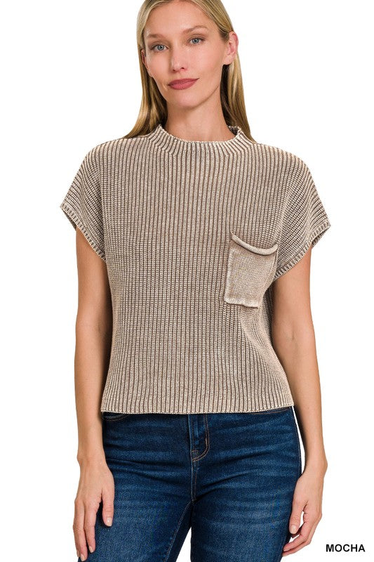 Washed mock neck short sleeve sweater