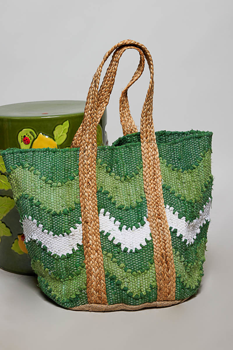Handwoven tote bag green/white