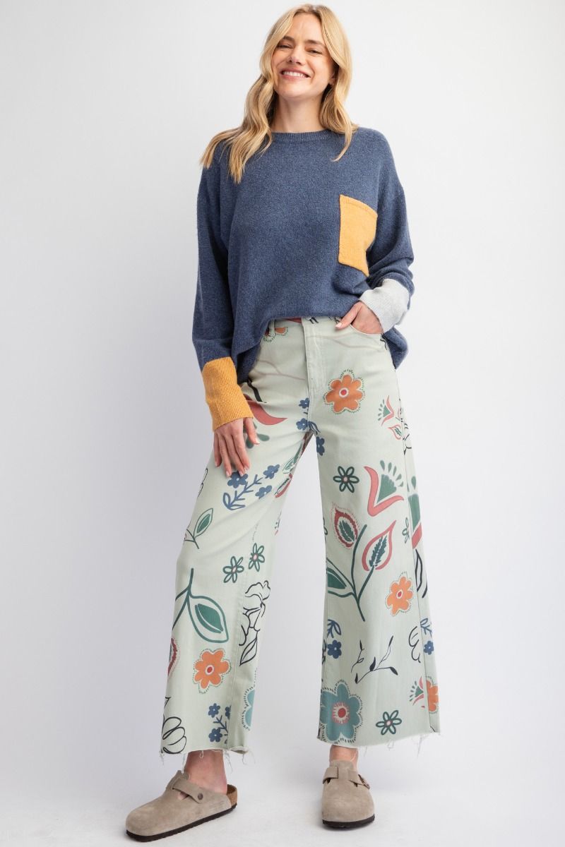 Printed Washed-Sage Twill Pants