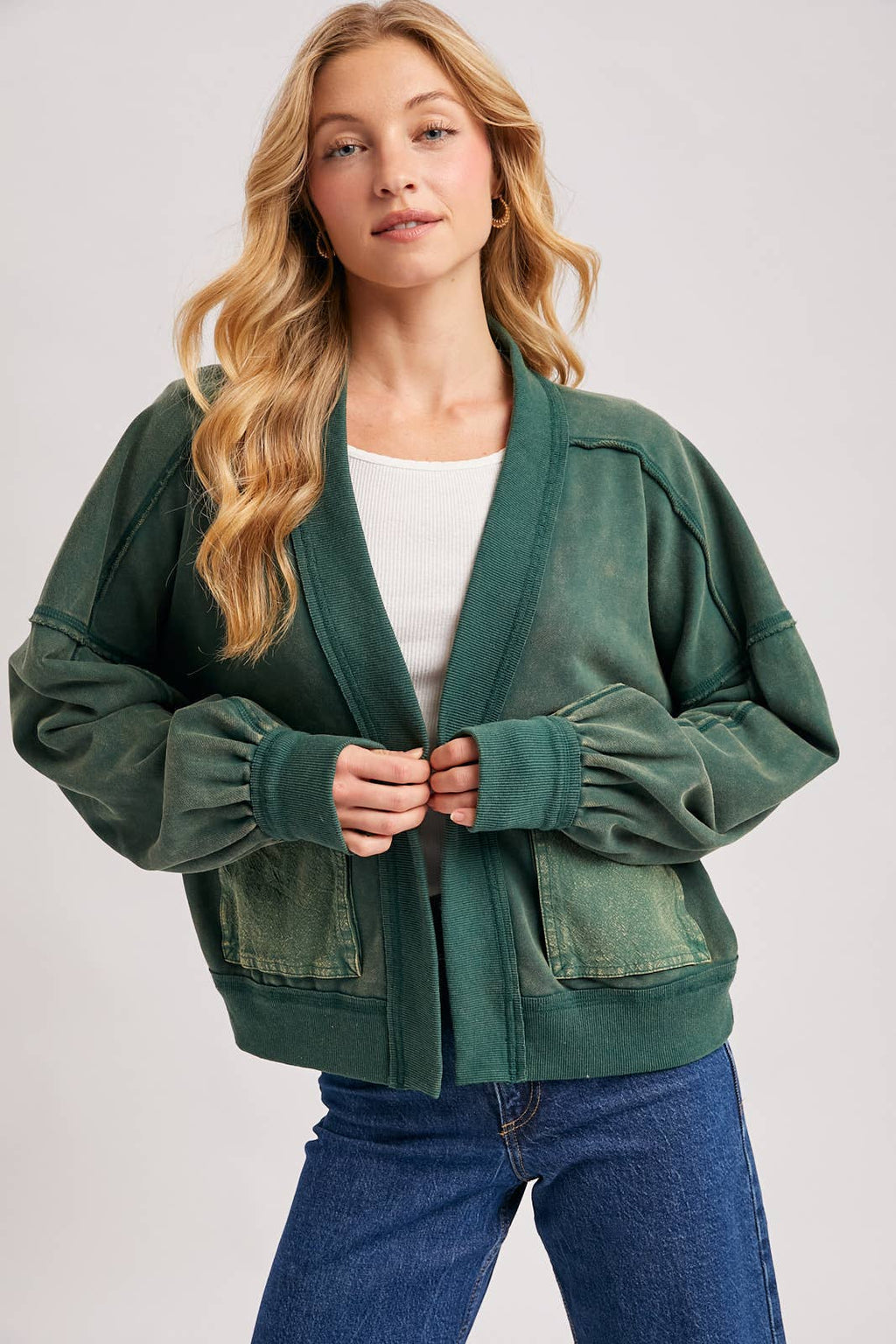 WASHED COLLARLESS OPEN FRONT CARDIGAN