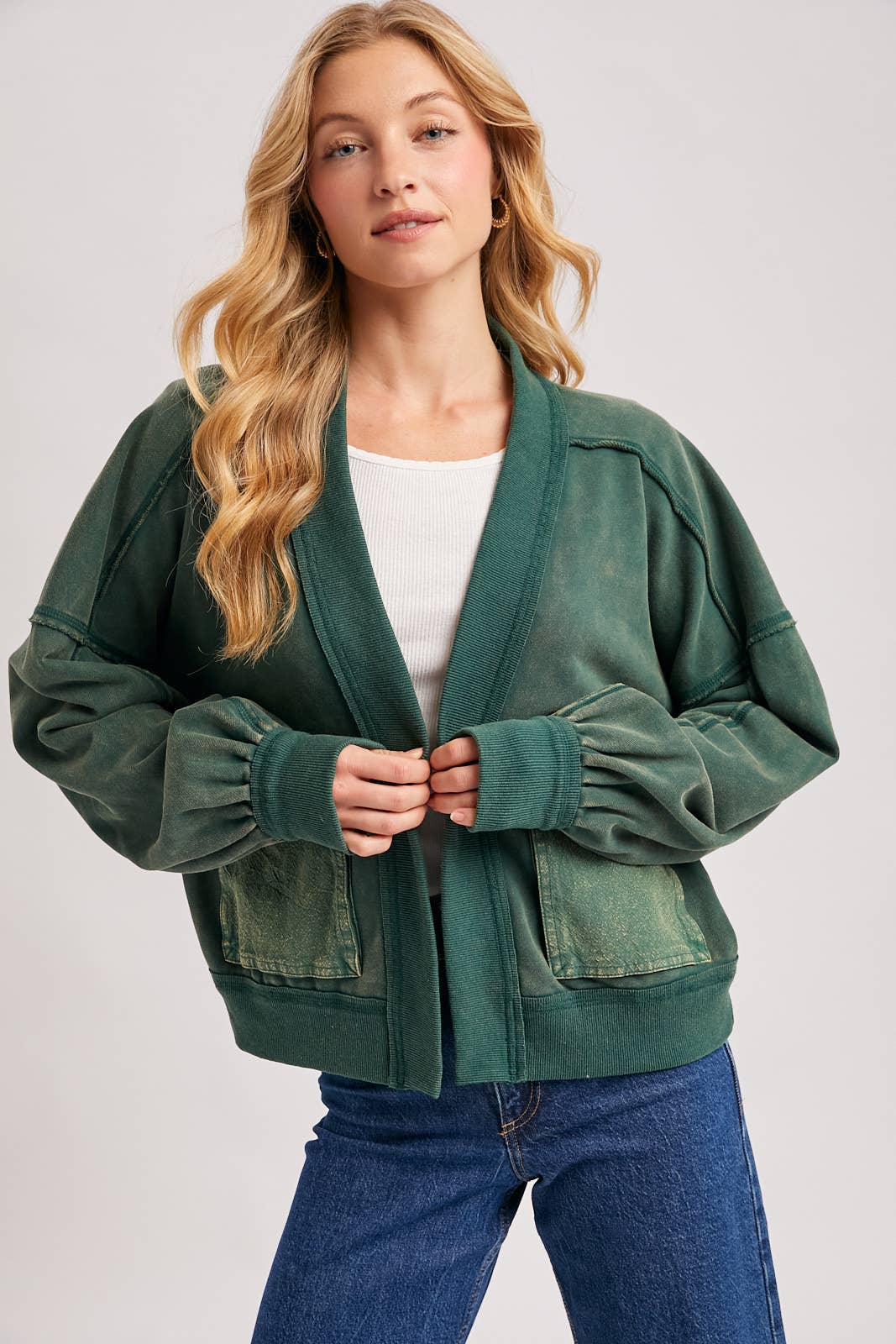 WASHED COLLARLESS OPEN FRONT CARDIGAN