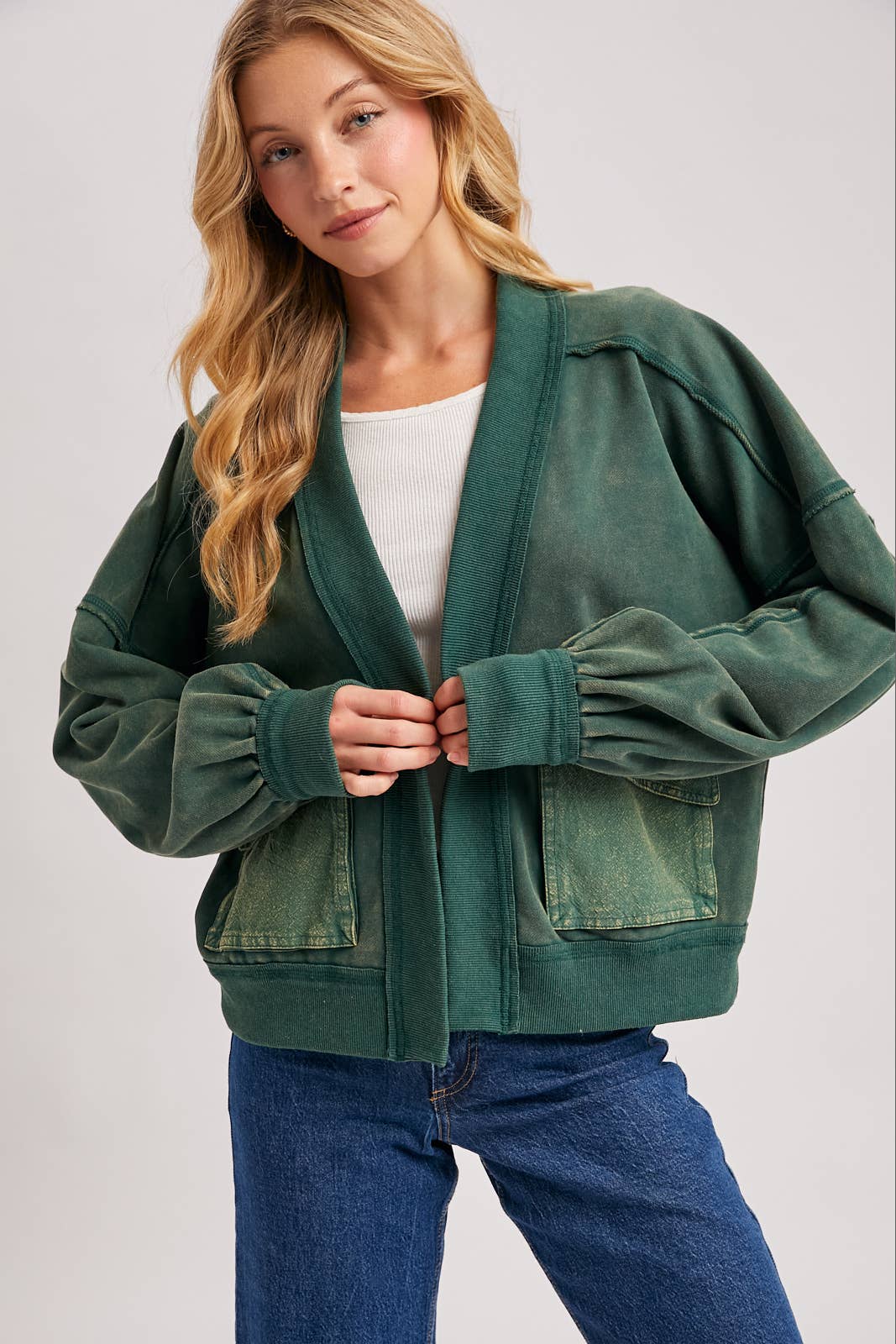 WASHED COLLARLESS OPEN FRONT CARDIGAN