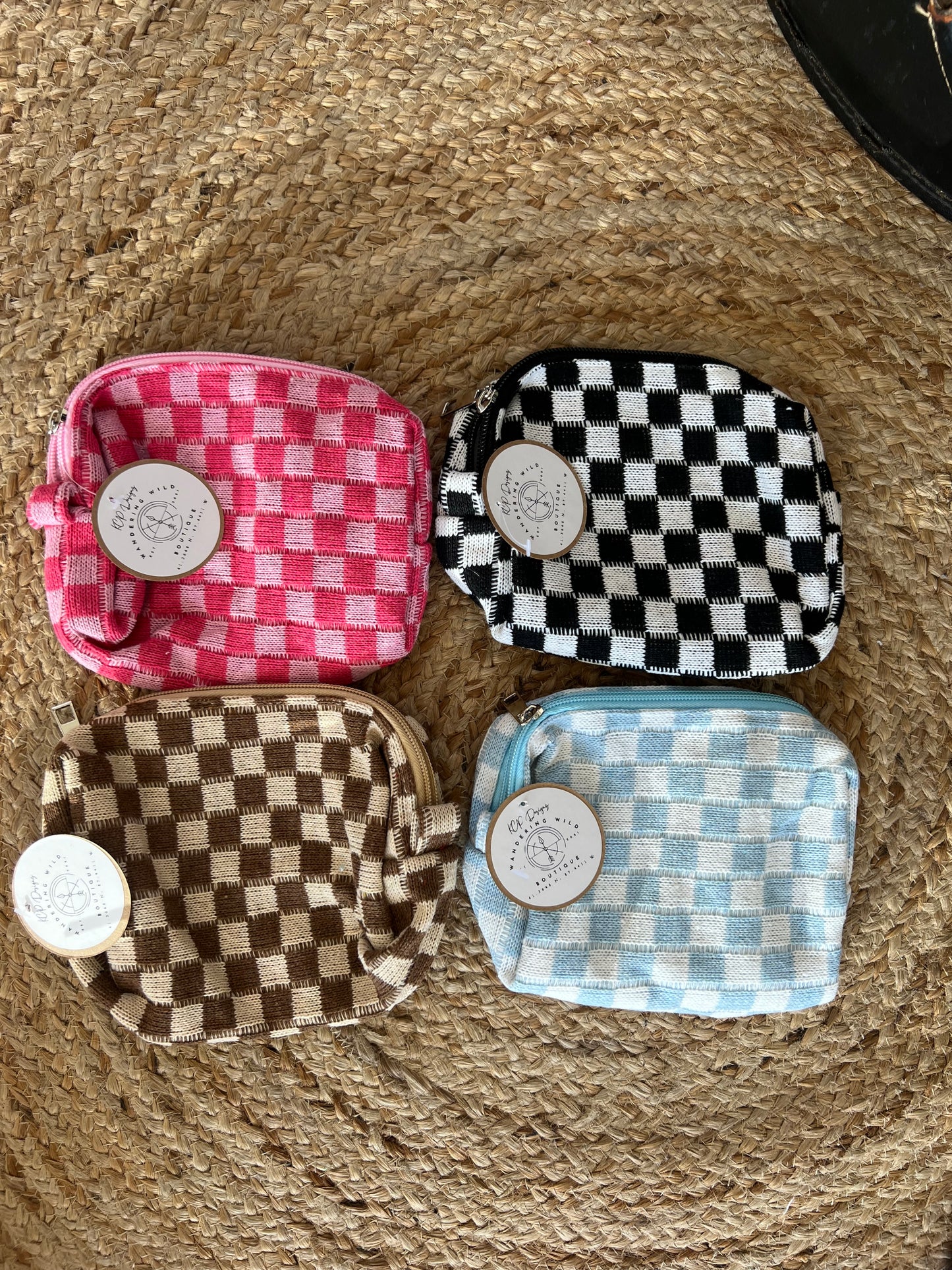 Checkered zippered cosmetic bag